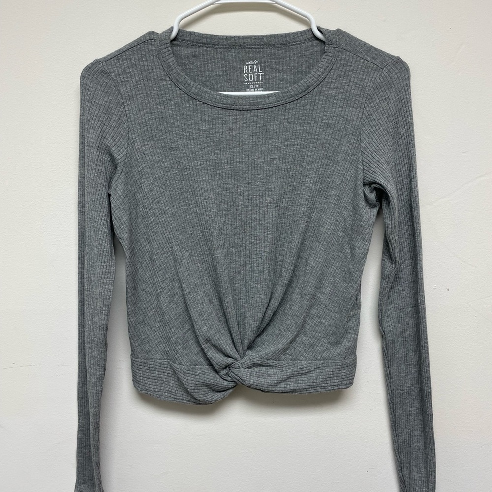 Aerie Soft Grey Relaxed Fit Lightweight Sweater Knotted Front Size Extra Small